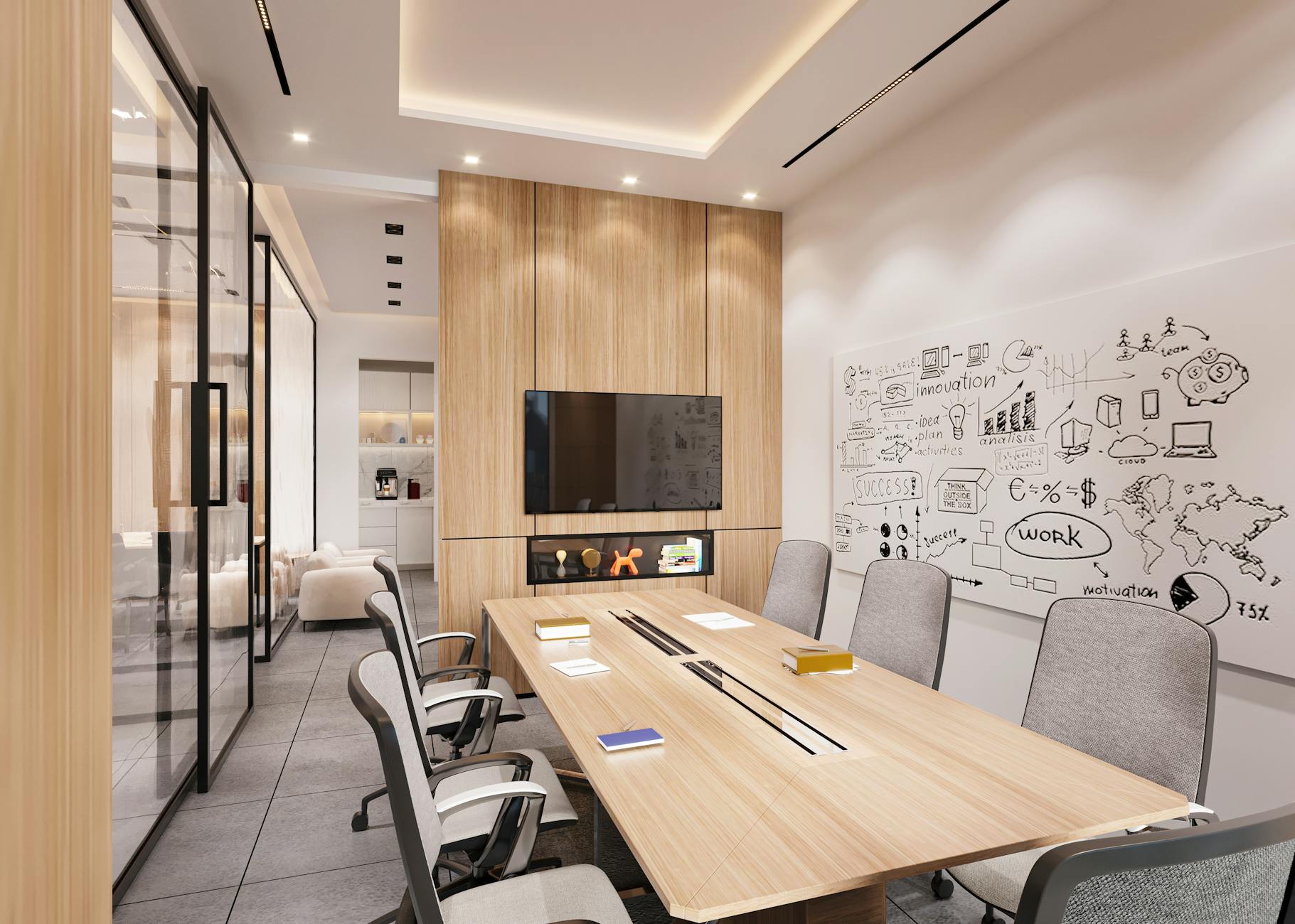 modern conference room with whiteboard and tv